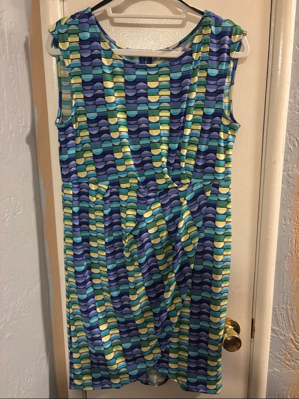 Liz Claiborne Sleeveless Geometric Print Dress in Blue, Teal & Yellow
